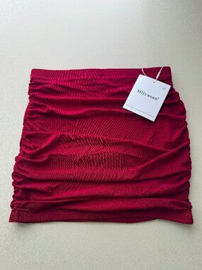 Women's Bodycon Mini Skirt Ruched Mesh Stretch Sexy Skirts Red, M